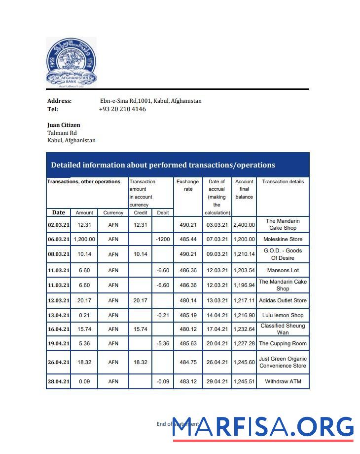 Printable Afghanistan Da Afghanistan bank statement excel example